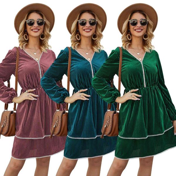 

autumn winter dress women vintage v neck long sleeve lace patchwork velvet dress elegant elastic waist a-line party dress female 210412, Black;gray