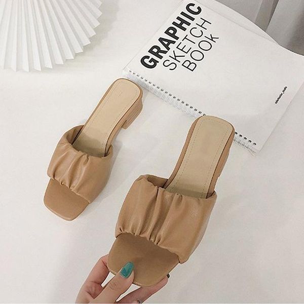 

pu leather summer women slippers ladies pleated squared toe sandals female open mid heels fashion elegant, Black