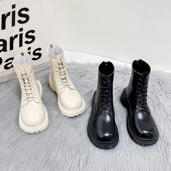 

boots 2021 autumn winter style women's thin british square heel leather spring single lining short, Black