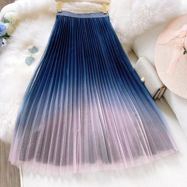 

skirts starry sky gradient mesh skirt female 2021 spring glitter net yarn pleated fairy slim a-line tulle jupe femme, Black