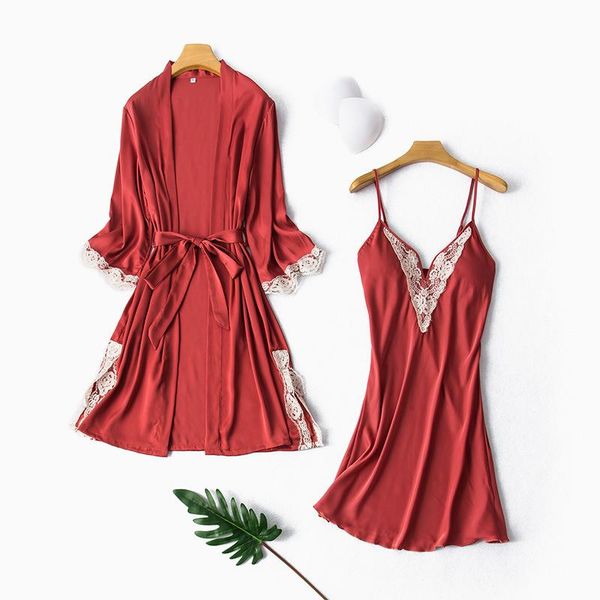 

silky woman sleepwear 2 pieces nightdress&robe set satin soft nightgown intimate lingerie lace nightwear ladies homewear women's, Black;red