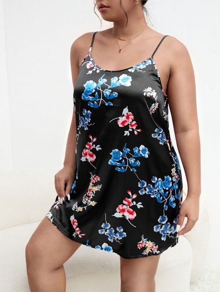 

plus floral print satin cami night dress a53v#, Black;white