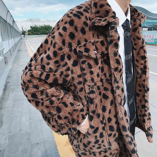 Inverno masculino leopardo impressão de couro casaco solto manter quente engrossar algodão-acolchoado roupas casuais parkas jaquetas de neve M-3XL 210524