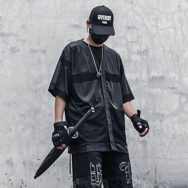 

men's casual shirts black punk shirt hip hop streetwear tactical function cargo 2021ss loose patchwork wb176, White;black