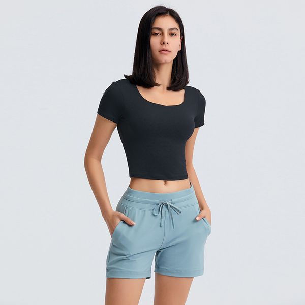 LU-175 primavera e verão novo estilo fitness top com almofada no peito cor sólida fino lazer ao ar livre esportes manga curta menina