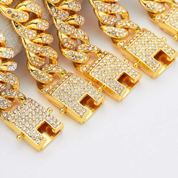 

chain 12mm cuban men's gold plated full diamond alloy hip hop, Silver