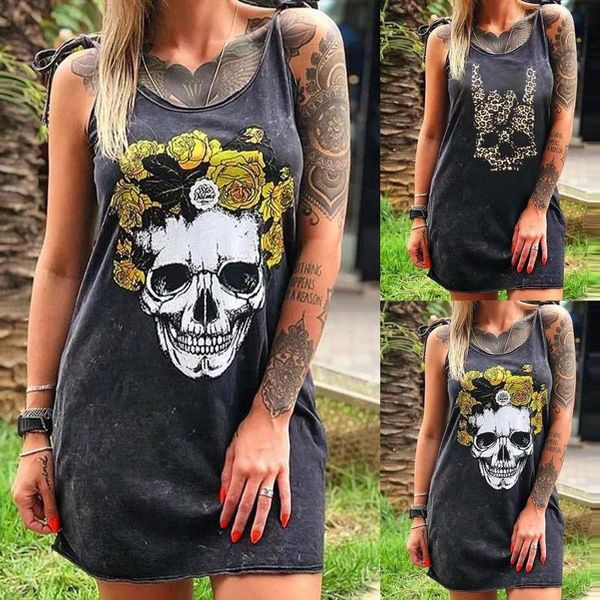 

casual dresses blackless mini dress women summer sleeveless o-neck funny print fashion plus size evening party female robe, Black;gray