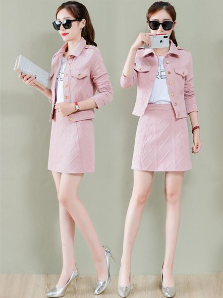 

two piece dress 2 set women spring autumn jacket coat and skirt all matching casual fashion skirts suits pink black khaki, White
