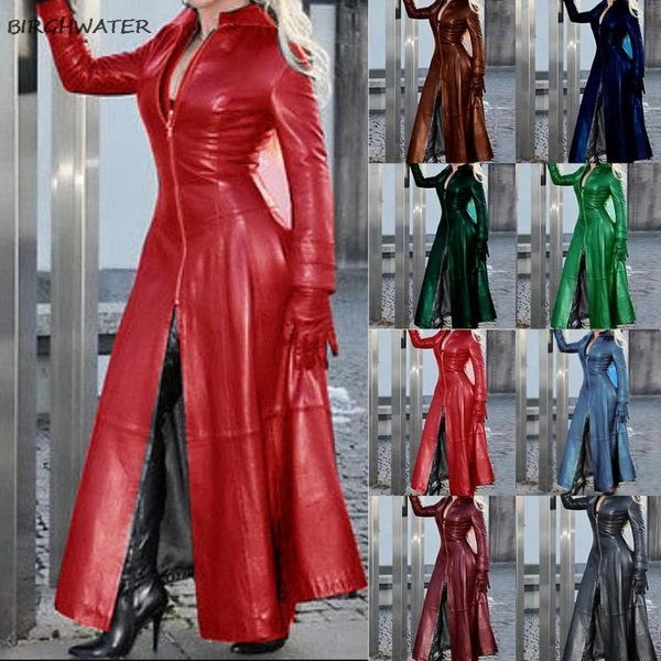 

women's leather & faux long jacket plus size pu jackets slim-fit stand collar sleeves zipper 2021 autumn fashion black clothes