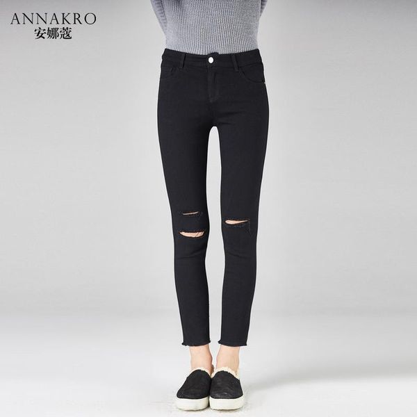 

women's jeans pants 2021 spring base hole black stretch trousers annakro, Blue