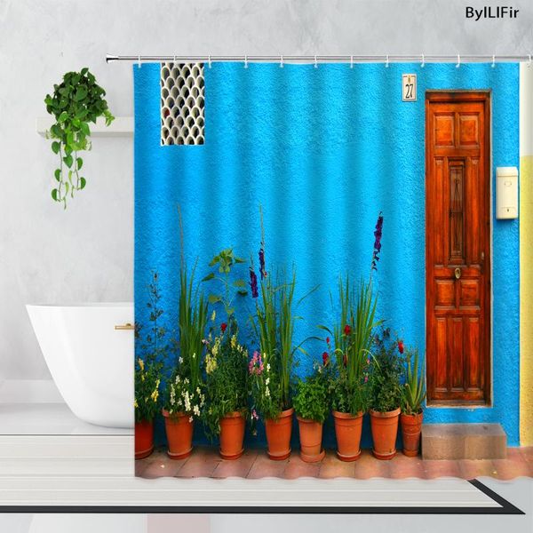 

shower curtains simple retro doors windows modern street view green plants flowers potted bathroom bathtub with hooks