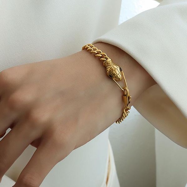 

link, chain peri'sbox gold color green eyes snake head bracelet for women punk hip hop chunky titanium steel jewelry, Black