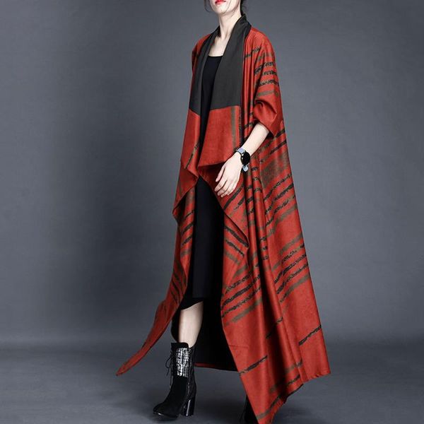 

women's trench coats 2021 autumn and winter retro stripe irregular loose large size personality temperament windbreaker over the knee c, Tan;black