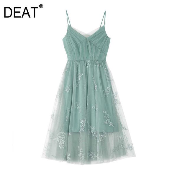 

[deat] summer fashion loose fit v-neck high waist sleeveless sling embroidery net yarn dress women 13q351 210527, Black;gray