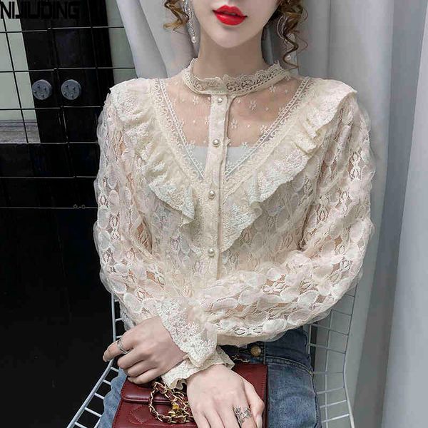 

french lace mesh patchwork blouses spring autumn women flare sleeve ruffle hollow out chiffon shirts stand collar bottoming 210514, White