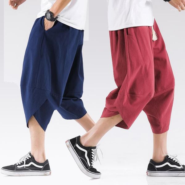 

men's loose large size retro pantalones hip hop cropped pants 2021 summer chinese style linen bloomers cross m-5xl harem, Black