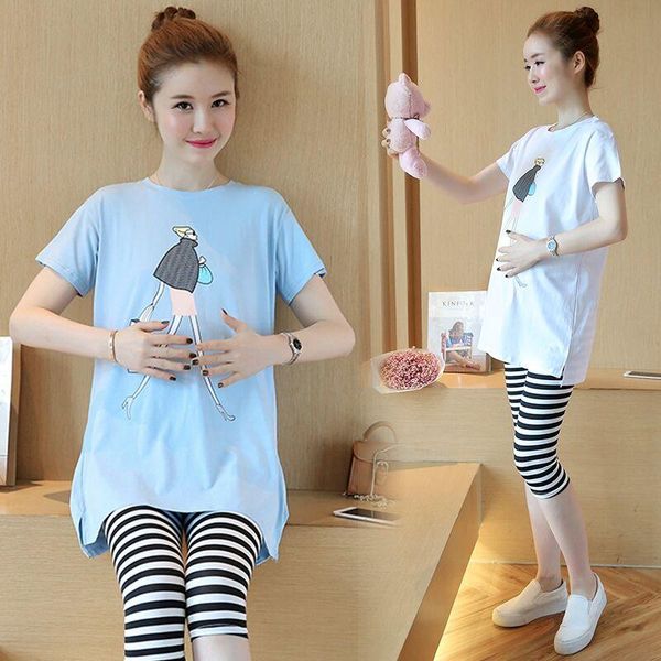 

726# cartoon t shirt + maternity pants two-piece clothes loose set pregnant women pregnancy dresses, White