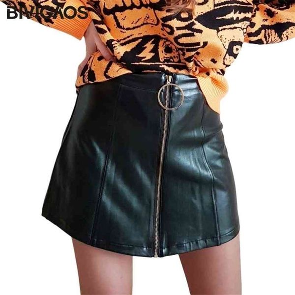 

bivigao's fashion korean high waist mini skirts big ring zip pu leather a-line for spring autumn winter 210621, Black