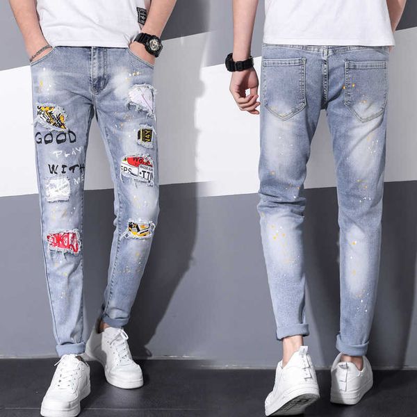 

jeans, men's leisure trend, fashion, slim fitting cloth, young people's small foot hole pants, men's pants, Blue