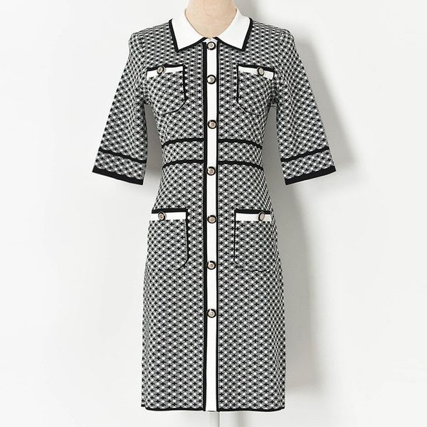

dresses women turn down collar single breasted short sleeve 2021 fashion plaid bodycon knit sweater summer clothes for, Black;gray