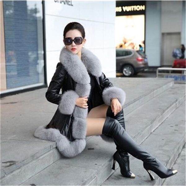 

winter women's faux fur faux sheepskin coats keep warm with fur collars slim female furs 211022, Black