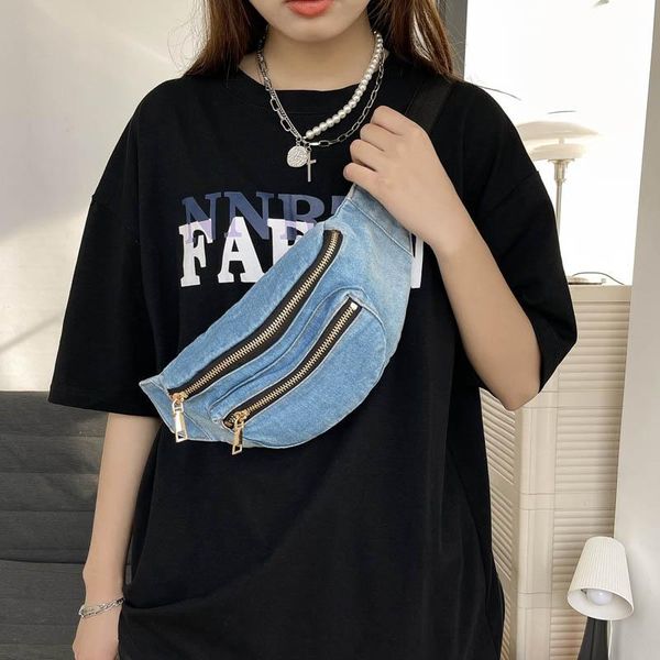 

fashion women chest bag waist solid color deninm fanny pack classic clutches purse shoulder belt crossbody bags