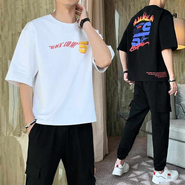 

men's short sets 2021 summer trend print t-shirts+cargo pants two pieces suit fashion sportswears casual tracksuit male clothes tracksu, Gray