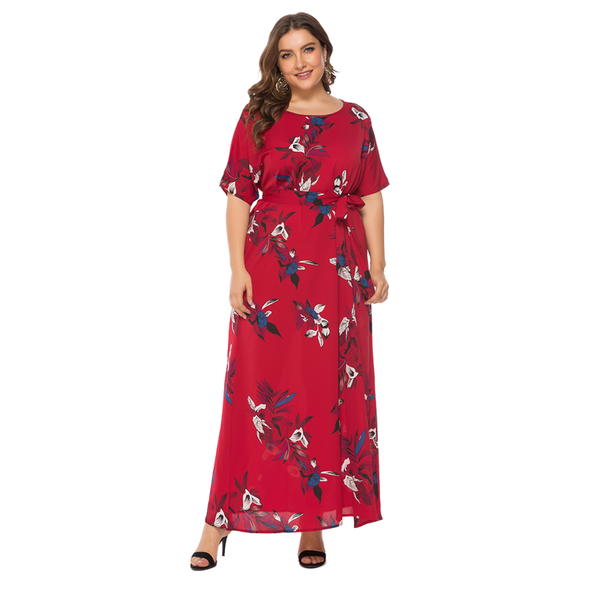 

plus size dresses maxi dress woman printed round neck short sleeves mujer casual long lace-up belt 5xl, Black