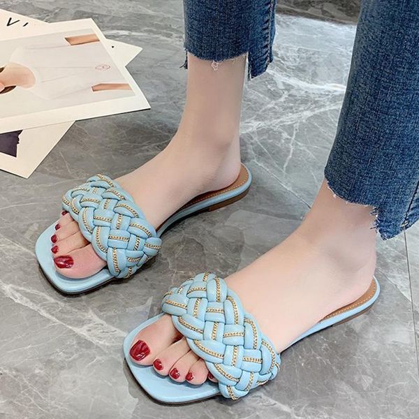 

slippers soft pu leather chain woven woman comfortable flat heel beach slides women light blue square toe summer sandals, Black