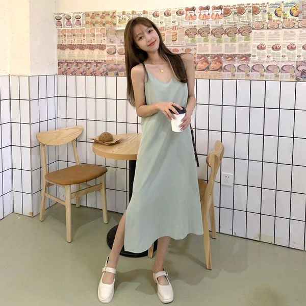 

casual dresses spring summer fashion woman tank sleeveless dress v neck hepburn solid straight strap soft smooth, Black;gray