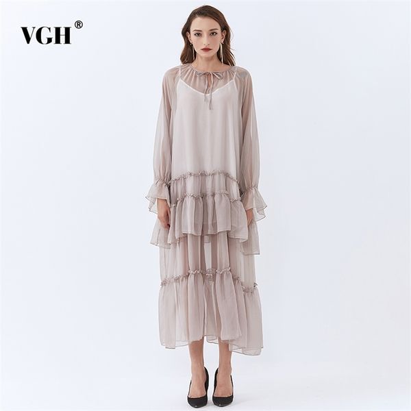 

spring dress for women v neck long sleeve casual patchwork ruffles designer mid elegant dresses female fashion clothing 210531, Black;gray