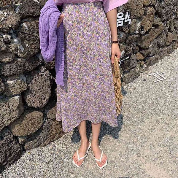 

korean style loose maxi summer womens skirts elastic high waist chiffon floral print midi vestido vaquera mujer, Black