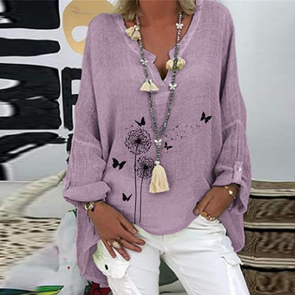 

women's t-shirt butterfly print shirt women long sleeve loose v-neck chemise longue femme clothes vintage camisa, White