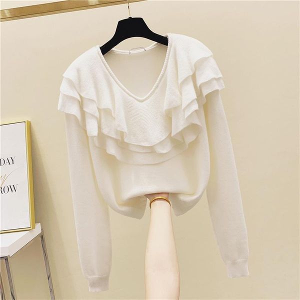 

women's sweaters 2021 autumn winter women knitted sweater ruffled v-neck pullover loose casual soft jumper sweet design cropped, White;black