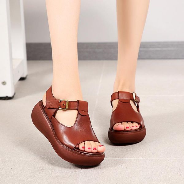 

women shoes handmade leather sandals 2021 summer style retro trend fashion all-match single shoe round toe, Black