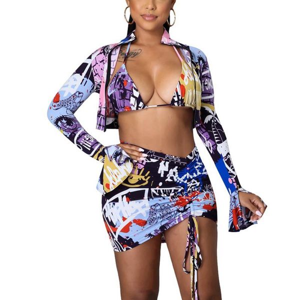 

women's swimwear 4pcs women beach outfit tied halterneck bra + strappy bikini briefs long-sleeve crop drawstring skirt swimsuit 2021, White;black