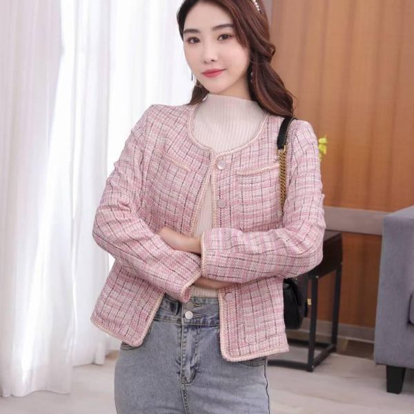 

women's jackets 2021 autumn winter small fragrant short coat women korean plaid tweed jacket ladies blend wool cropped outwear, Black;brown
