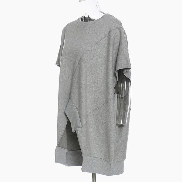 

asymmetric loose - fitting women's sweatshirt, round neck, short sleeve, grey, large, fashion, spring, autumn, 2021, hoodies & sweatshi, Black