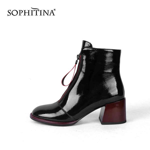 

sophitina women's ankle boots fashion cow leather front zip with pull-up tabs square chunky wild round toe dress boots pc657 210513, Black