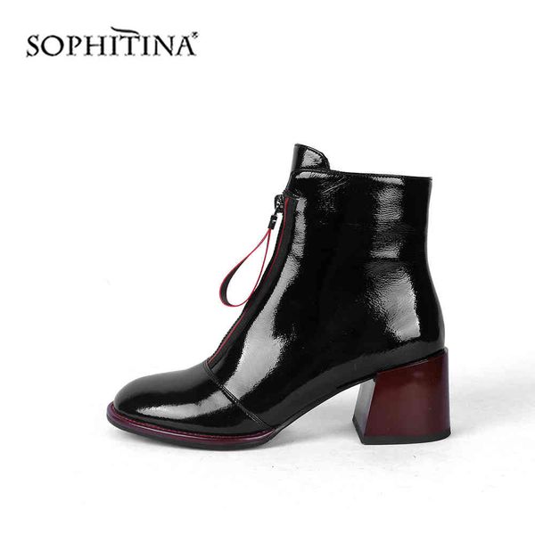 SOPHITINA Damen-Stiefeletten, modisches Rindsleder, Reißverschluss vorne mit Pull-Up-Laschen, quadratisch, klobig, wild, runde Zehen, Kleidstiefel PC657 210513