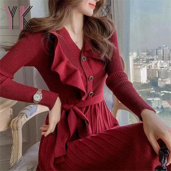 

casual dresses vintage ruffle button belt lace up knitted pleated dress office lady mom tunics vestidos elegant v-neck aesthetic midi sukien, Black;gray