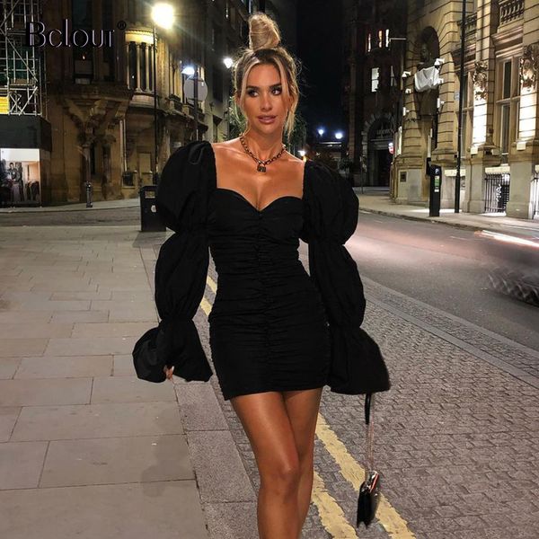 

2021bclout black puff sleeve chic pencil dress 2021 woman pleated square collar short dresses elegant party slim polyester robe, Black;gray