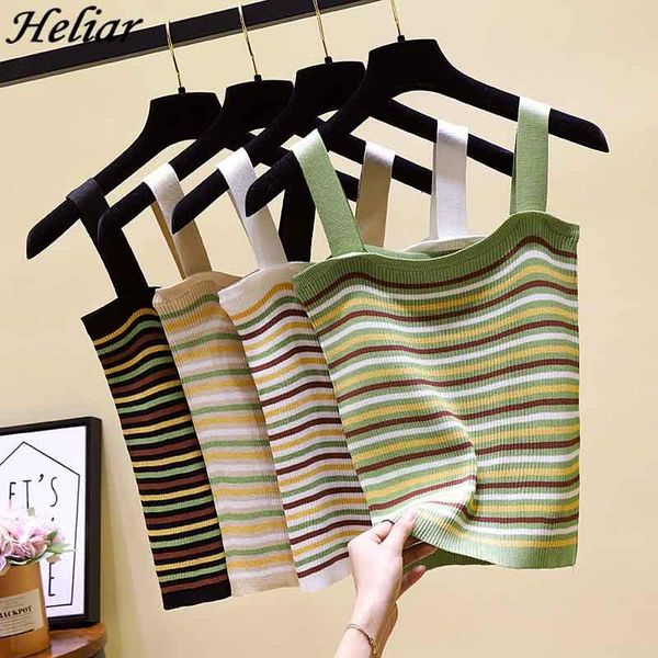 

women's tanks & camis heliar women striped knitting spaghetti club female solid crop feminino drawstring 2021 summer tank, White