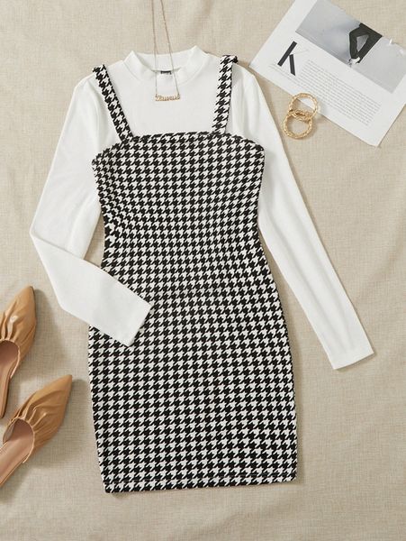 

ribbed knit tee & houndstooth cami dress w68d#, White