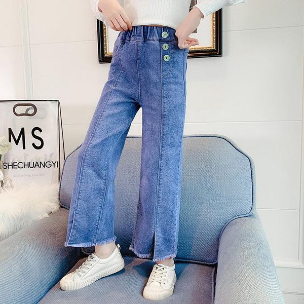 

children's clothing girls jeans 2021 spring and autumn denim trousers fashion button casual loose teenage 4-14year old, Blue
