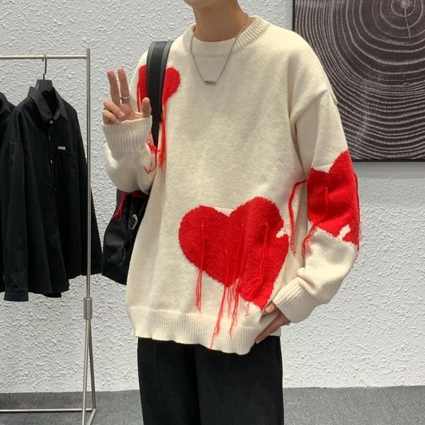 

men's sweaters men winter sweater warm outdoor jumpers crew neck pullover casual autumn jumper heart embroried knit male, White;black