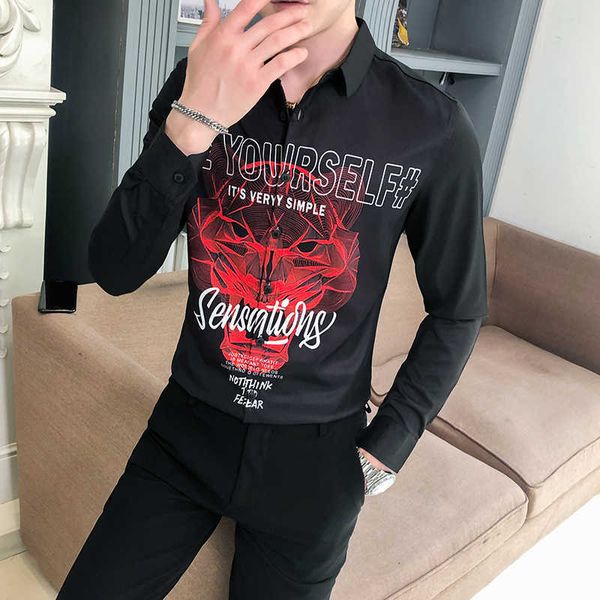 

tiger print long sleeve shirts for men chemise homme casual slim fit formal dress shirts streetwear social party blouse camisas 210527, White;black