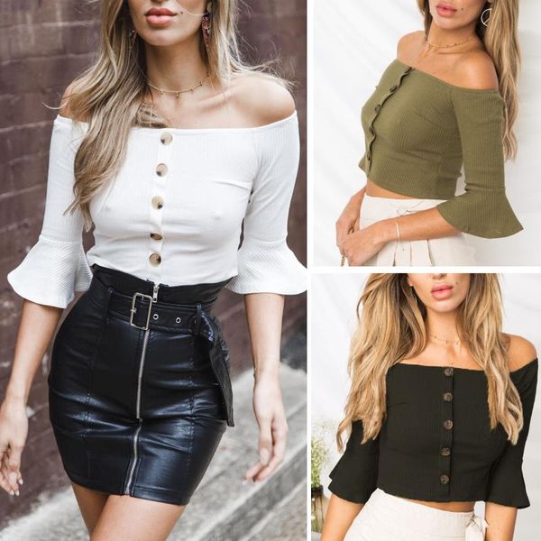 

women's t-shirt cotton ribbed knitted deep slash neck front button ruffles midi flare sleeve autumn elegant slim women cropped top, White