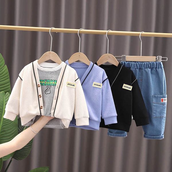 

boys clothing sets boy suits baby clothes cotton autumn winter long sleeve cardigan coat trouser pants t-shirts striped infant outfits jeans, White