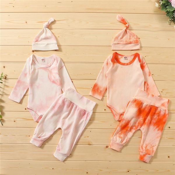 

baby & children's 0-24m infant born girl boy tie dye ribbed outfit set long sleeve bodysuit pants hat 3pcs clothing sets, White